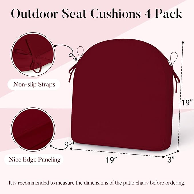 Basic Beyond Outdoor Cushions for Patio Furniture: Waterproof & UV Resistant Outdoor Chair Cushions Set of 4-19 x 19 x 3 Inch Thick Patio Chair Cushions with Adjustable Ties & Handle, Burgundy