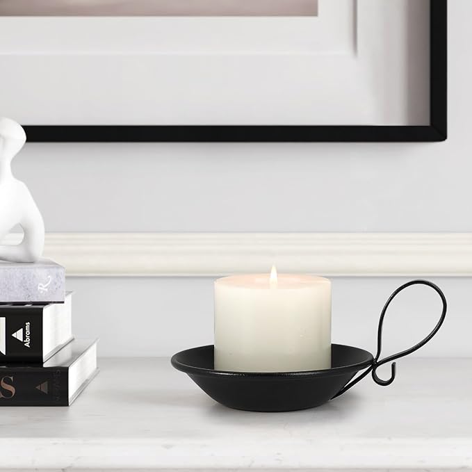 Matte Black Iron Candle Holder with Handle, Iron Pillar Candle Holders with Safety Spike for Pillar/Ball Candles, Table Centerpiece Decoration
