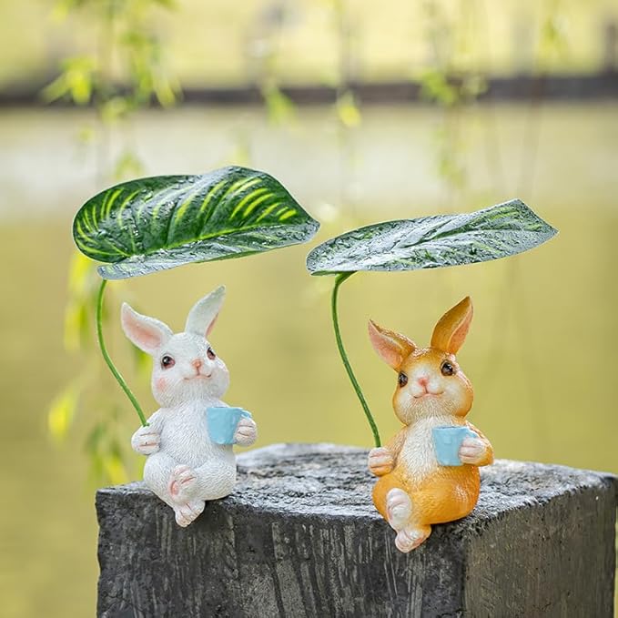 Adorable Animal Garden Statue with Umbrella - Charming Outdoor Decor for Yard, Patio, or Garden (White Rabbit Holding an Umbrella)