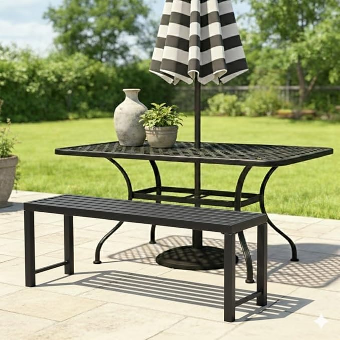 Outdoor Metal Backless Bench Weatherproof Patio Bench with Slatted Seat, All-Weather Garden Bench for Porch, Patio, Lawn and Backyard, Black