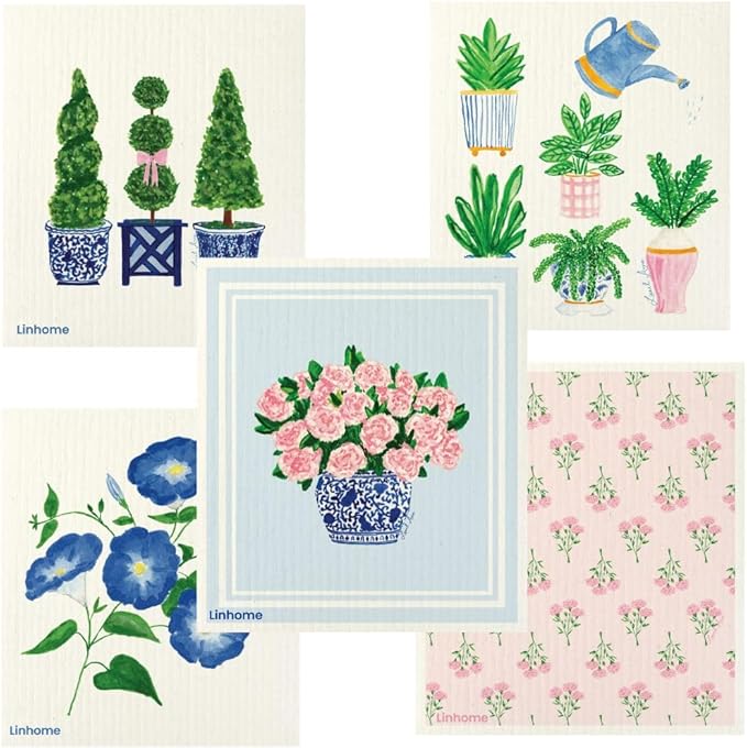 Garden Collection Swedish Dishcloth, Reusable Paper Towel, Super Absorbent Cellulose Sponge, Kitchen Cleaning Cloth, Washable & Compostable (Blooming Garden - 5 Pack)