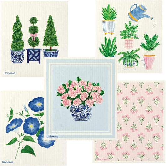 Garden Collection Swedish Dishcloth, Reusable Paper Towel, Super Absorbent Cellulose Sponge, Kitchen Cleaning Cloth, Washable & Compostable (Blooming Garden - 5 Pack)