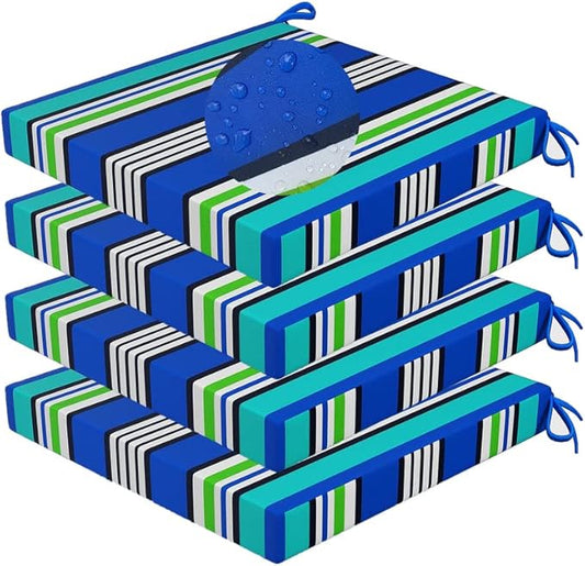 Indoor/Outdoor Chair Cushions Set Of 4 Waterproof,Square Corner Outdoor Cushions For Patio Furniture - Patio Chair Cushions With Ties,Memory Foam Oudoor Cushions17"X17", Blue Stripes