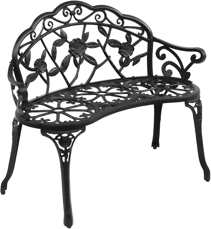 Outvita Patio Garden Bench, 38" Cast Aluminum Outdoor Chair Anti-Rust Weather Resistant Patio Bench Rose Pattern Bench for Front Porch, Backyard, Lawn