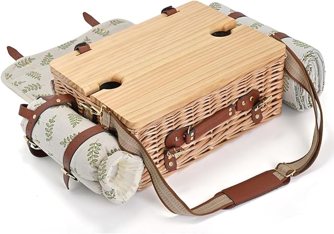 Multifunctional Wicker Picnic Basket Set for 2 with Blanket and Picnic Table, Insulated Picnic Set with Full Tablewares for Camping Outdoor Couples,Leaf