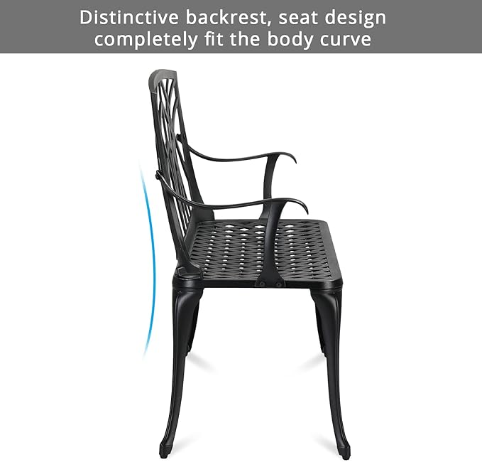Outvita Outdoor Cast Aluminium Bench, 38" Weather Resistant Patio Bench with Orchid Pattern for Front Porch, Backyard, Lawn