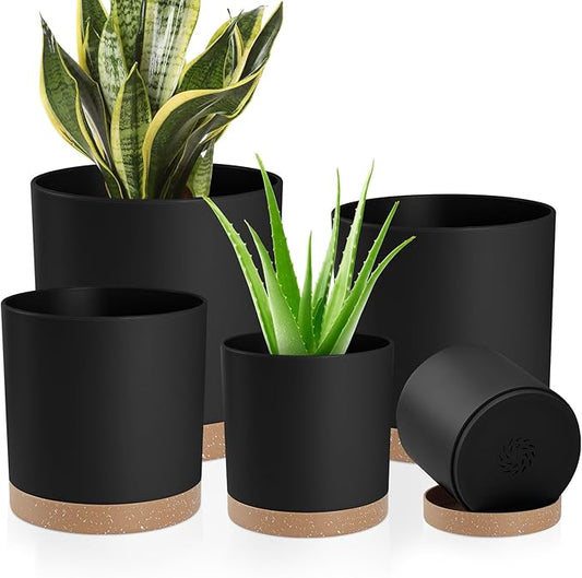 Plant Pots with Drainage Holes and Saucers – 7, 6.5, 6, 5, 4 Inch Plastic Planters for Indoor Outdoor Plants, Modern Matte Finish, Lightweight & Durable（Black）