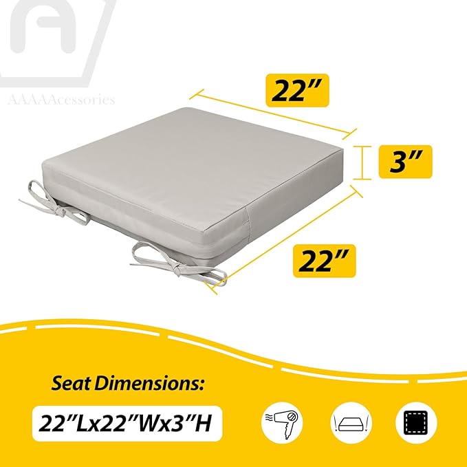 AAAAAcessories Outdoor Seat Cushions for Chairs, Waterproof, Fade-Resistant, 22" x 22" x 3", Patio Furniture Replacement Cushions, Set of 2, Beige