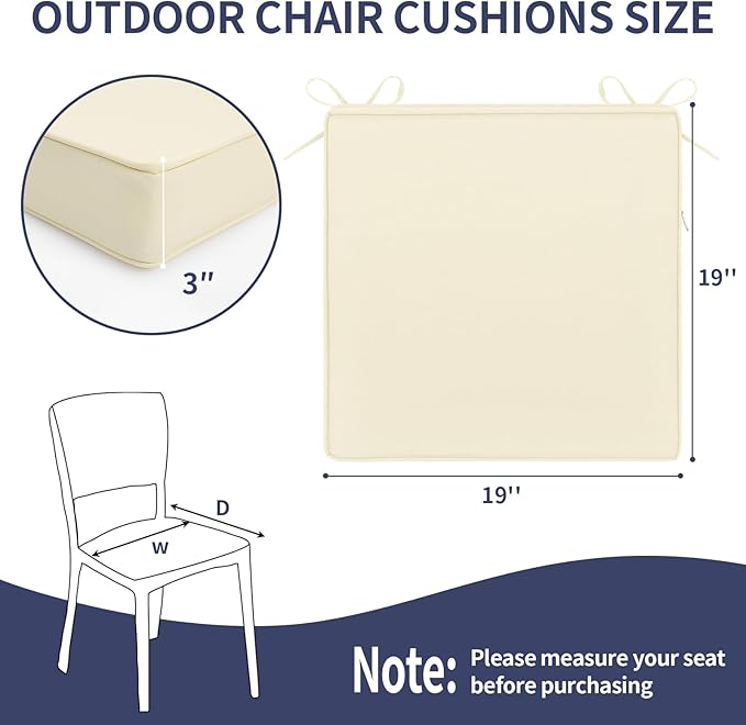 Pauwer Outdoor Chair Cushions Set of 2, Waterproof Outdoor Cushions for Patio Furniture, High Resilience Foam Seat Cushion with Ties for Outdoor Patio Garden Sofa, 19 x 19 x 3 Inch, Beige