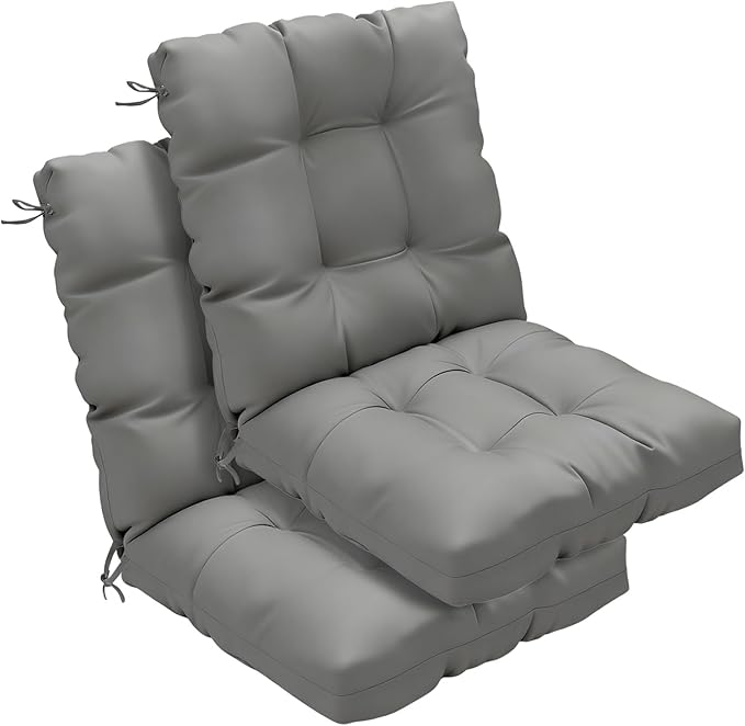 Outdoor Chair Cushions Set of 2, 42x21x4 Inch Patio Cushion for Dining/Rocking Chairs, High Back Soft Seat Pad with Ties, Indoor Outside Use, Fade-Resistant & Waterproof, Light Gray