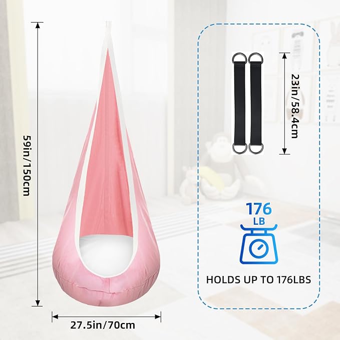 Kids Swing Seat Hammock Chair Indoor Outdoor Hanging Chair for Children,Soft & Safe with High Weight Capacity, Easy Install Perfect for Bedroom, Garden, Playroom (Pink)