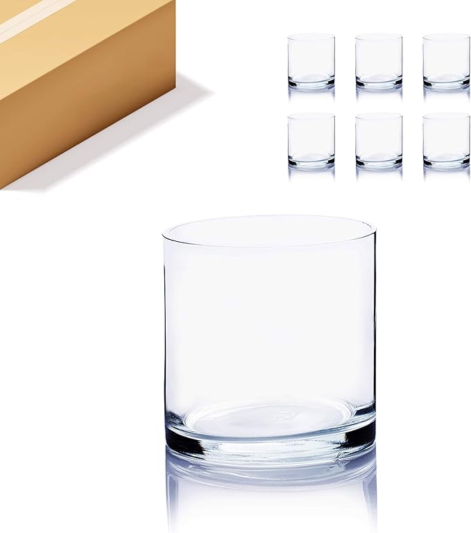 WGVI Thick Quality Weighted Clear Right Cylinder Glass Vases, 4" W x 4" H, Equilateral Cylinder, Votive Candle Holders, Terrarium Planter, Storage Container Pen Brush Holder, Bulk Wholesale, 6 Pieces