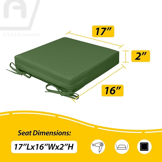 AAAAAcessories Outdoor Seat Cushions for Chairs, Waterproof, Fade-Resistant, 17" x 16" x 2", Patio Furniture Replacement Cushions, Set of 2, Dark Moss Green