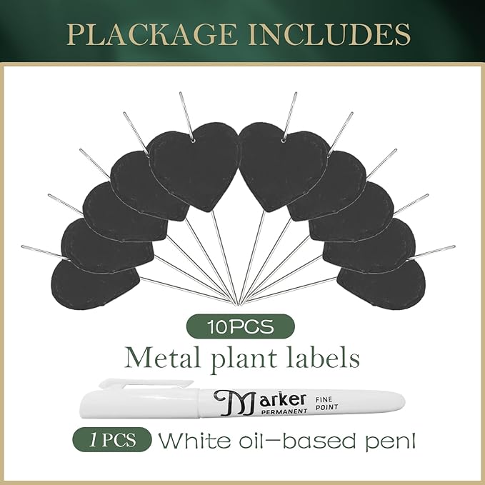 10-Pack Marble Heart Shaped Garden Markers,Weatherproof Metal Plant Labels Large Planting Seedling Stake Signs, for Seedlings Herbs Vegetable Greenhouse Gifts with White Marker Pen Labels