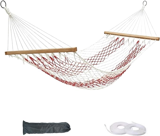 Hammocks Double Rope Hammock,Portable HandwovenTraditional Cotton Rope1 Person Hammock,with Spreader Bar,for Suitable for Patio, Beach, Garden (red)