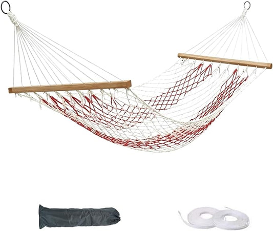 Hammocks Double Rope Hammock,Portable HandwovenTraditional Cotton Rope1 Person Hammock,with Spreader Bar,for Suitable for Patio, Beach, Garden (red)