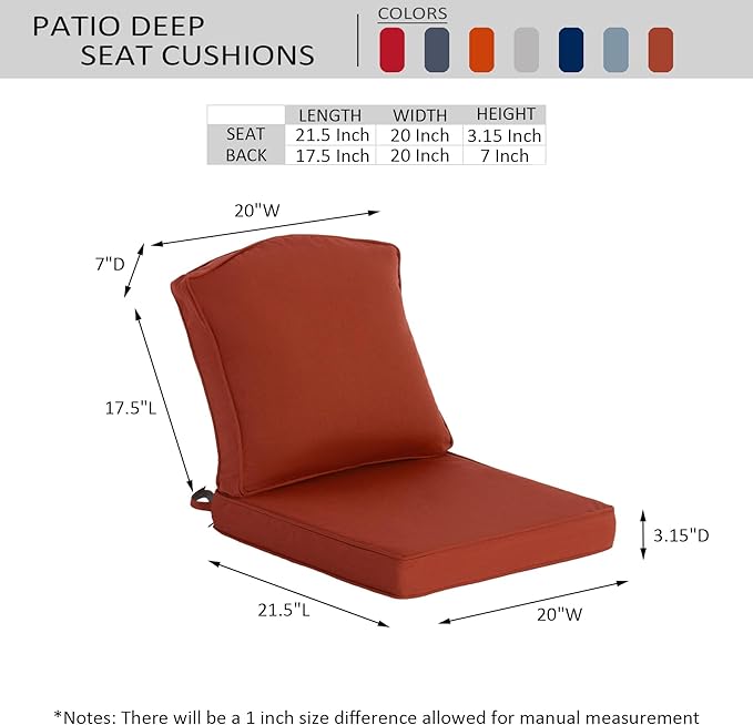 20"x21.5" Outdoor Deep Seat Patio Cushions Set of 1,Water-Resistant UV Resistant Weather Resistant with YKK Zippers,Sunbrella Canvas Henna