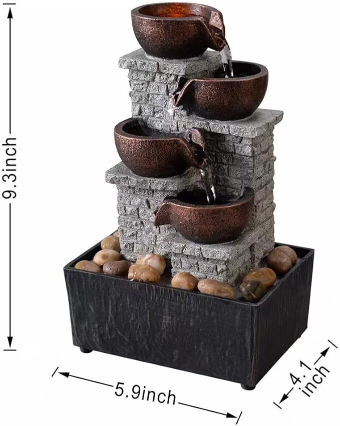 Kalona Tabletop Waterfall Fountain, 4-Tier Indoor Water Fountain, Cascading Bowl with LED Lights and Rocks for Home Office Decoration, Relaxing Desk Fountains(21132B)