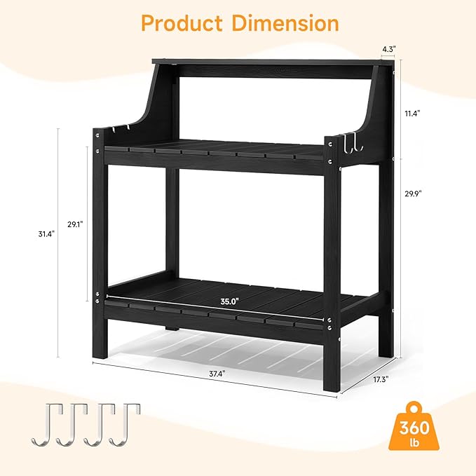 ONBRILL Potting Bench, HDPS Potting Bench with 4 Side Hooks, All-Weather Garden Table Work Station, Outdoor Potting Table for Porch, No Rust, No Fade, No Break, 360lbs Capacity (Black, Large)