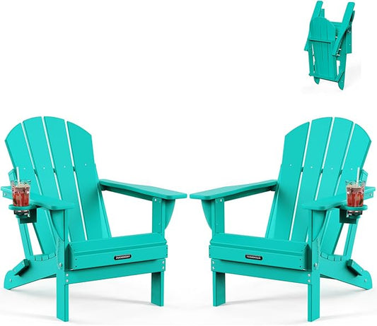 MUCHENGHY Folding Adirondack Chairs 2 Pack, Patio Chairs, Outdoor Chairs, Adirondack Chair Plastic, Fire Pit Chairs, Weather Resistant with Cup Holder for Deck, Backyard, Garden(Lake Blue)