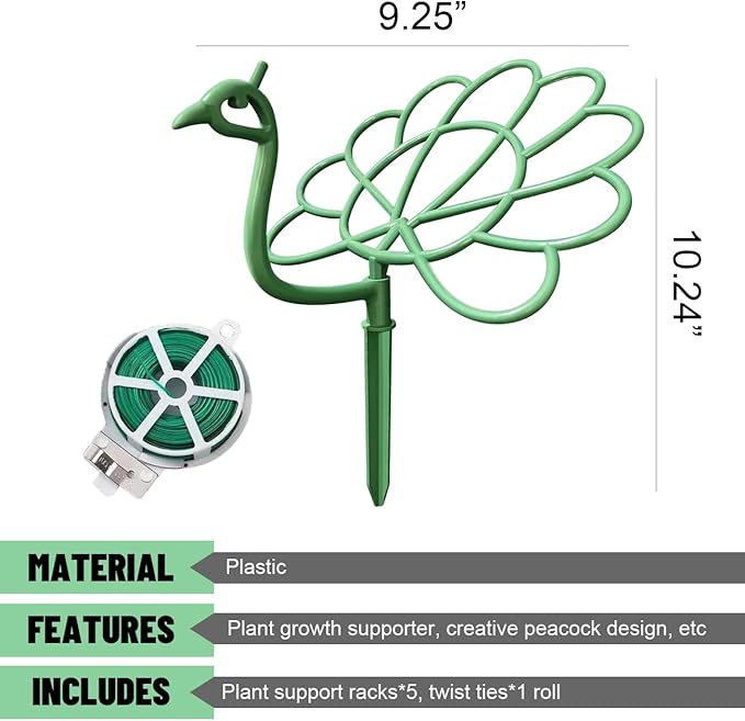5Pcs Peacock-Shaped Plant Support Stakes for Balcony Garden Sunflower Trellis Growing Through Grid Medium-Sized Universal Tree Topper Holder Including Twist Ties