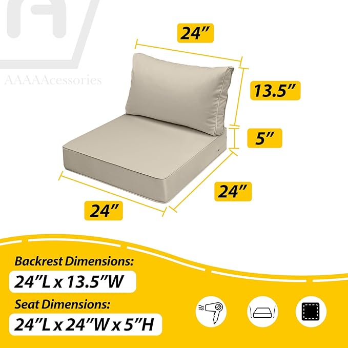 AAAAAcessories Outdoor Seat Cushions for Chairs, Fade-Resistant, Waterproof Patio Furniture Replacement Cushions, 24" x 24" x 5" + 24" x 13.5", Set of 2, Beige