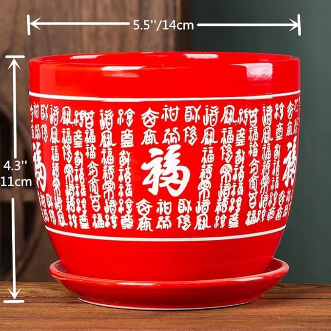 Ceramic Red Planters Pot with Drainage Hole and Saucer, Home/Garden Outdoor Decorative, Tray for Wedding - Outside Chinese Characters Meaning Fortune,Plants Not Included