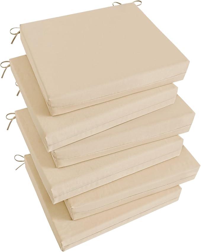 Basic Beyond Outdoor Chair Cushions Set of 6, Square Corner Outdoor Cushions for Patio Furniture, Water Resistant Patio Chair Cushions with 2 Ties, 18.5x16x3, Beige