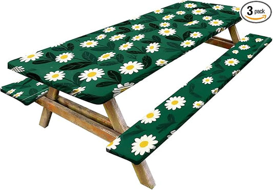 Fresh Floral Picnic Table Cover with Bench Covers Set of 3 - Green Background with White Ditsy Flowers, Elastic Fitted Tablecloth for 6 Ft Tables, Washable Polyester Cover for Garden, Indoor & Outdoor