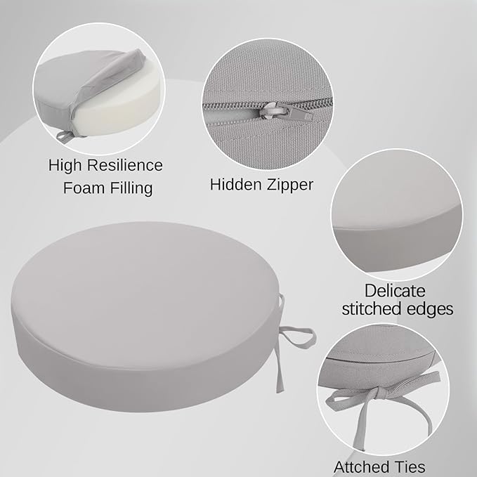 idee-home Outdoor Bistro Chair Cushions, 15”x15”x 3” Thick Outdoor Round Seat Cushions Set of 2 with Ties, Waterproof Round Patio Furniture for Garden