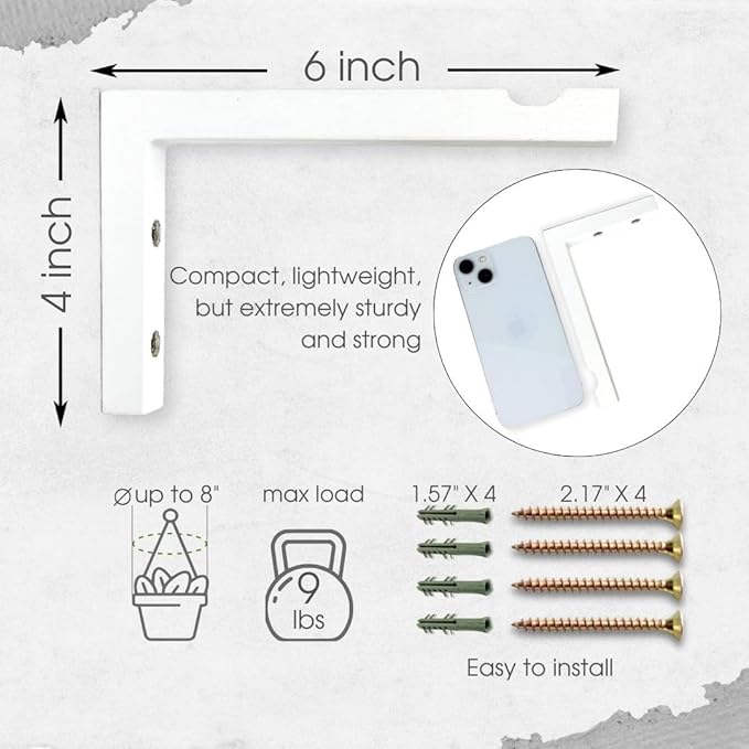 EvenWood 2-Piece Set of Plant Hooks for Wall 6 Inch - L-Shaped Mounted Wooden Plant Hook - Indoor and Outdoor Bracket Plant Hanger for Planters, Lanterns, Bird Feeders and Plant Basket (White)