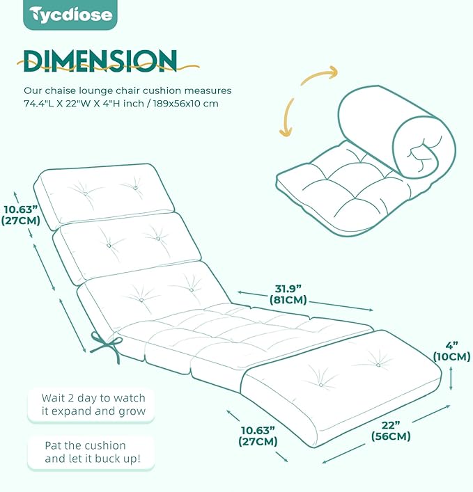 All Weather Chaise Lounge Cushions Outdoor Lounge Chair Cushion, Memory Foam Chaise Lounger Chair Cushion Waterproof for Outdoor Patio Furniture with Non-Slip Back and Ties, Cyan Floral Leaf