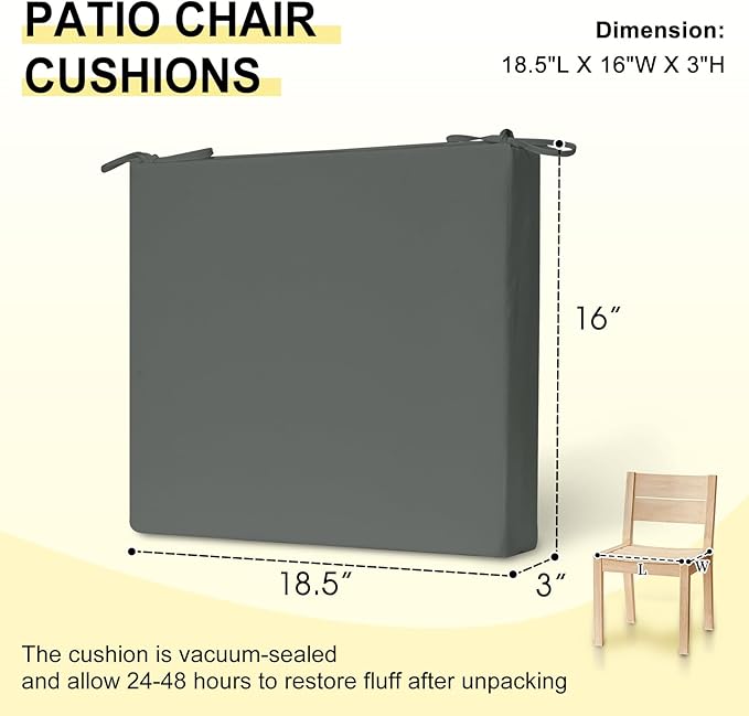 downluxe Outdoor Chair Cushions Set of 4 for Patio Furniture, Water-Resistant Square Corner Patio Chair Cushions with Ties, High Density Foam Outdoor Seat Cushion, 18.5" X 16" X 3", Dark Grey