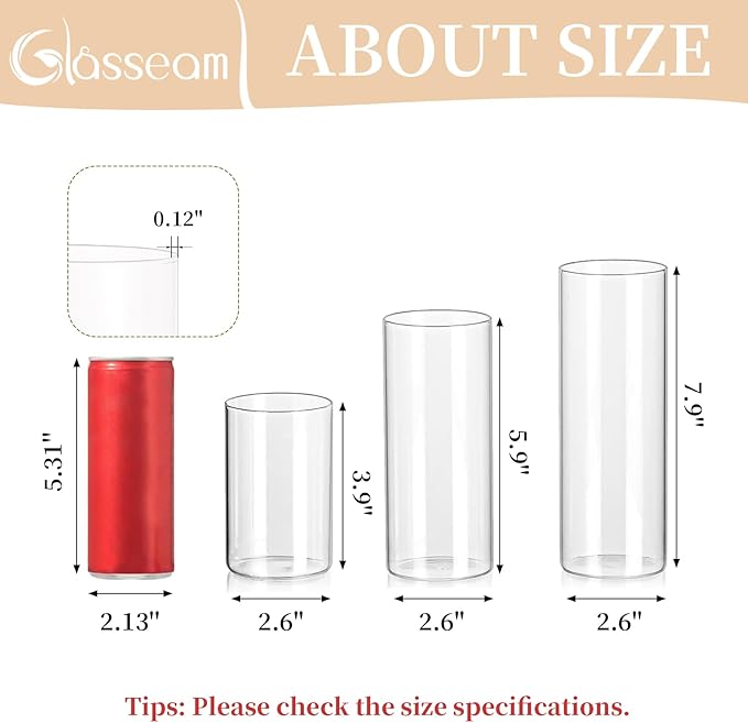 Glasseam Hurricane Glass Candle Holders Set of 6,Clear Cylinder Candle Holders for Pillar Candles,Modern Floating Candles for Centerpieces Vases,Candle Holders for Table Centerpiece,4''+6''+8'',2.6in