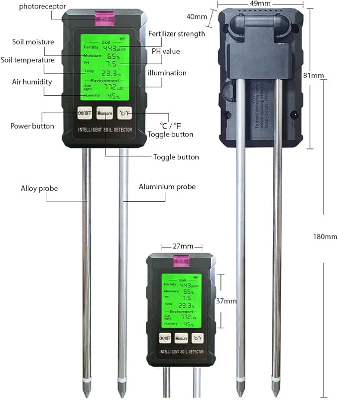 Soil Moisture Meter 6-in-1 Soil Ph Meter Moisture/Fertility/pH/Temperature/Humidity/Light 90-Degree Rotatable Backlight LCD display Soil Tester Gardening Tool for Lawn Farm Garden Indoor Outdoor Use