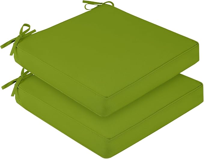 downluxe Waterproof Outdoor Chair Cushions Set of 2, 19" x 19" x 3" Patio Chair Cushion with Non-Slip Ties & Handle, Square Outdoor Cushion for Patio Furniture with Removable Cover, Grass Green
