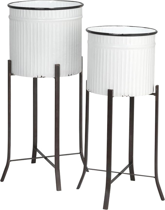 Creative Co-Op Round Corrugated Metal Planters on Stands, White and Black, Set of 2