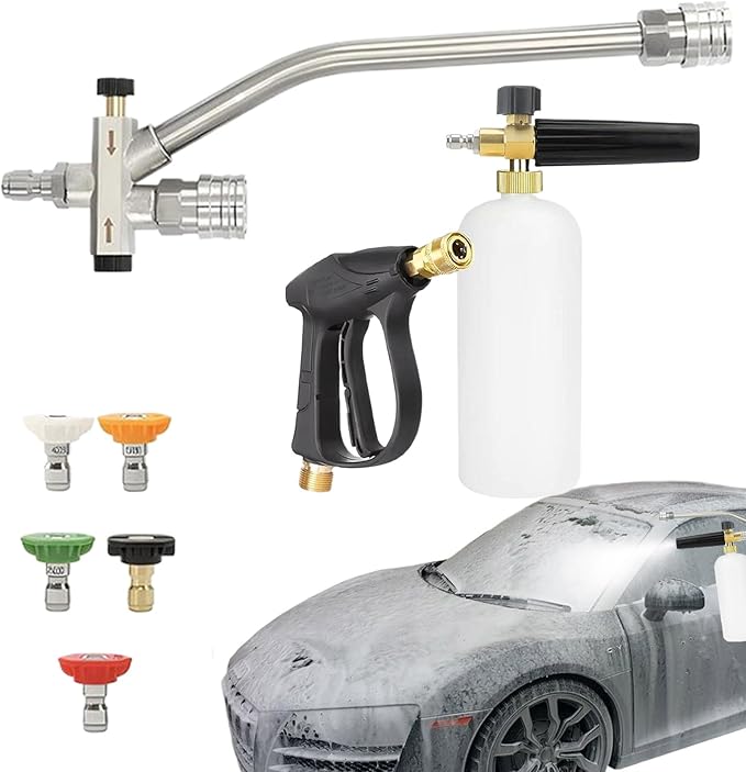 Foam Cannon Pressure Washer Kit - Double Nozzle Sprayer, Connector | Versatile Cleaning Accessory, High-Pressure Detailing Tool with Multi-Purpose Use During Home Exterior Washing, Auto Care, Garden