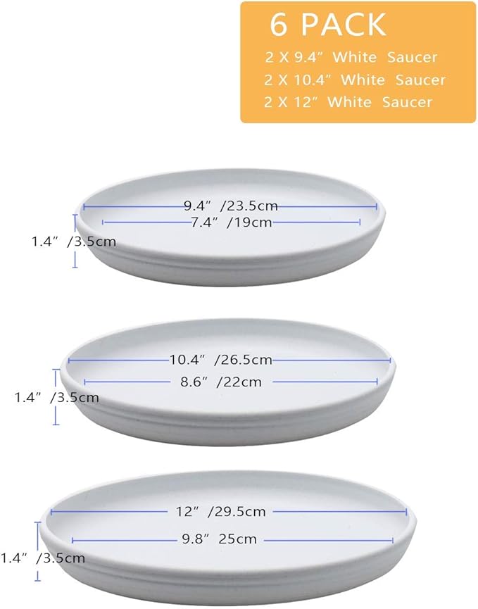 SAROSORA Round Plastic Plant Saucer Drip Tray Set of 6 for Indoor Outdoor Home Garden Flower Plant Container Flower Pot Pallets ((9.4''+10.4"+12'') x2, White-Grey)