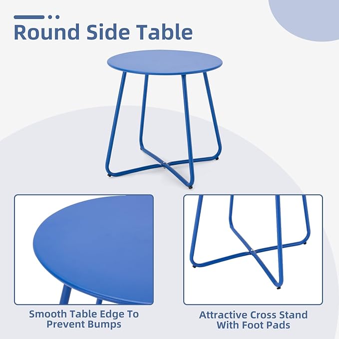 MELLCOM 3 Piece Patio Set, Small Patio Furniture Set - 2 C-Spring Metal Chairs with Round Side Table, Outdoor Bistro Set for Balcony, Front Porch, Poolside, Deck, Indoor, Blue