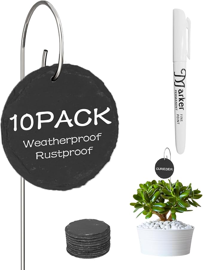 10-Pack Marble Circle Garden Markers,Weatherproof Metal Plant Labels Large Planting Seedling Stake Signs, for Seedlings Herbs Vegetable Greenhouse Gifts with White Marker Pen Labels