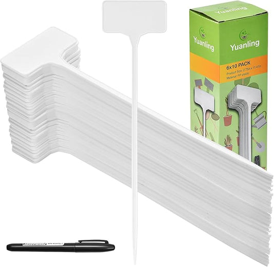 Plant Labels,60PCS Yuanling T-Type 11.4" Large Plastic Plant Tags Waterproof Plant Makers Nursery Garden Labels for Outdoor Indoor Plants Herbs Flowers Vegetable Potted Belt Marker Pen (White)