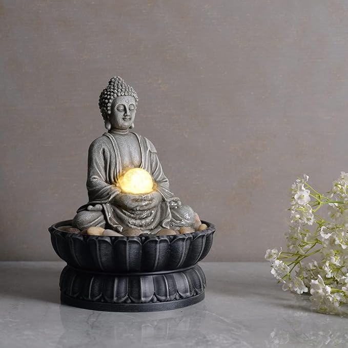 Kalona Tabletop Buddha Waterfall Fountain, Meditating Buddha Zen Fountain with LED Glass Orb, Relaxing Desk Water Feature for Home Office Decor(21127B)