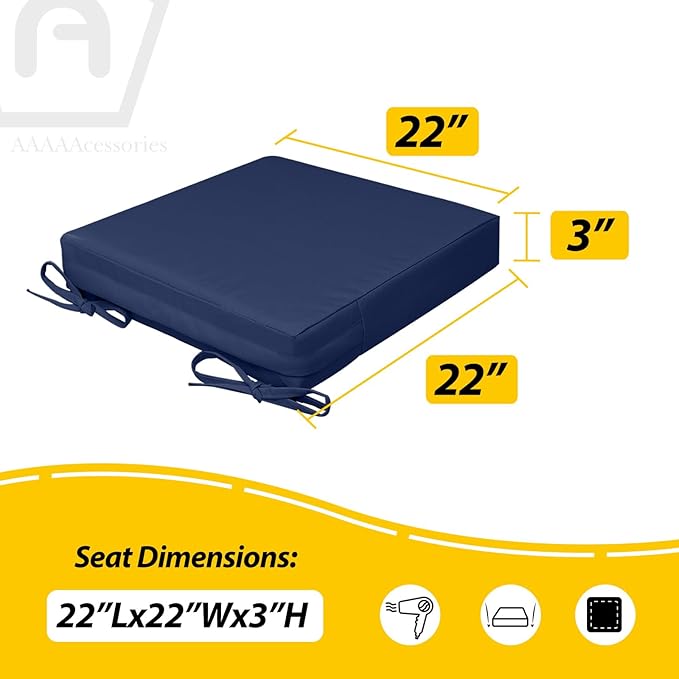 AAAAAcessories Outdoor Seat Cushions for Chairs, Waterproof, Fade-Resistant, 22" x 22" x 3", Patio Furniture Replacement Cushions, Set of 2, Navy Blue