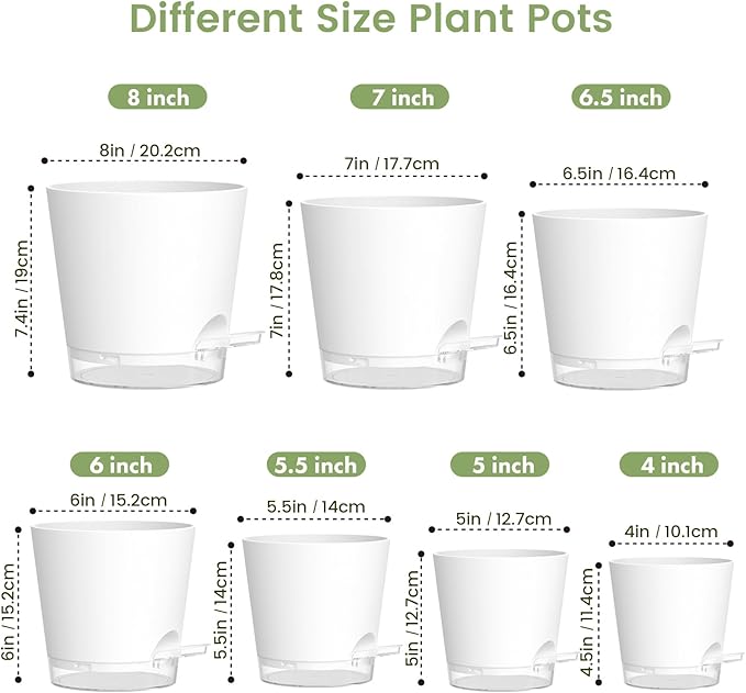 Self Watering Pots Set of 7 – Assorted Size 4" to 8" Indoor Plant Pots with Drainage Holes and Clear Reservoir for Visible Water Level, Plastic Wicking Planter for House Plants & Flower, White