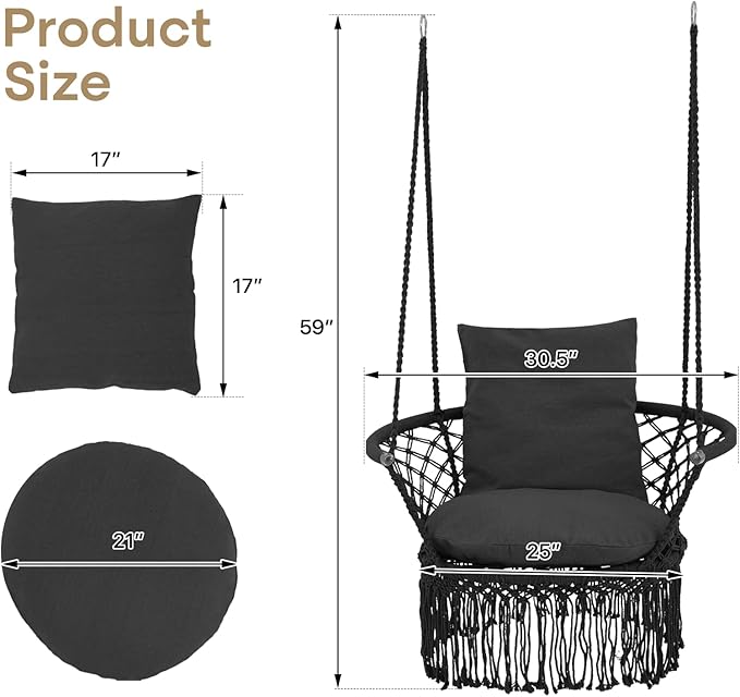 Athena Collection Hammock Swing Chair with Cushion, Outdoor Macrame Chair with Mounting Hardware, Max 350 Lbs, Large Cotton Rope Hanging Chair for Outdoor Indoor Porch Garden, Black