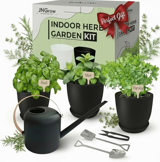 Indoor Garden Kit - Plant Pots with Drainage, Watering Can & Tools - Ideal Windowsill Planter Set - Modern Home & Kitchen Decor Gift - Black