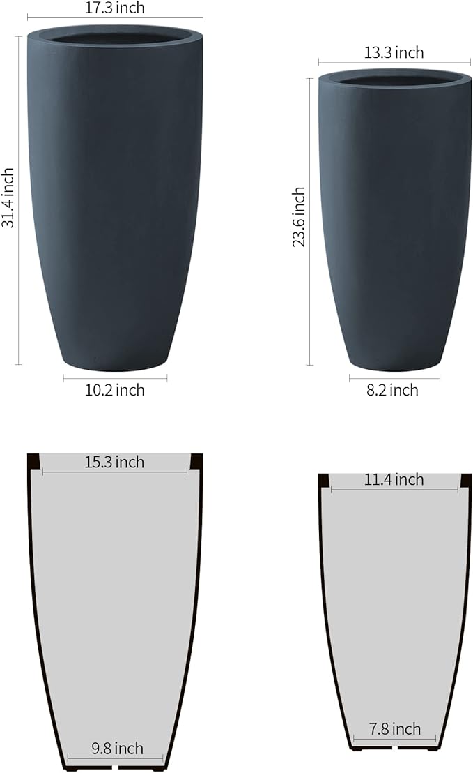 Kante 31.4" and 23.6" H Charcoal Finish Concrete Tall Planters Large Outdoor Indoor Decorative Plant Pots with Drainage Hole and Rubber Plug, Modern Tapered Style for Home and Garden