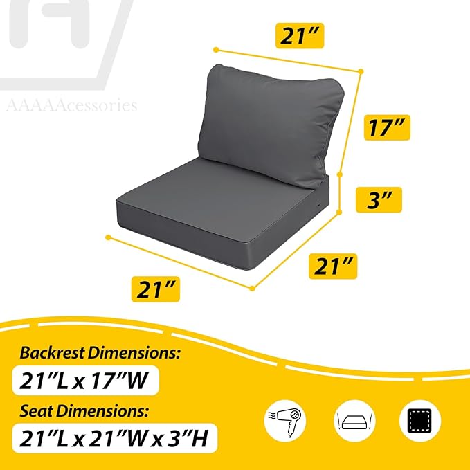 AAAAAcessories Outdoor Seat Cushions for Chairs, Fade-Resistant, Waterproof Patio Furniture Replacement Cushions, 21" x 21" x 3" + 21" x 17", Set of 4, Dark Gray