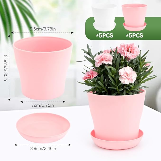 Cute 4 Inch Mini Flower Pots - Set of 10, White & Pink, Suitable for Indoor and Outdoor Plants, Made of Durable Plastic